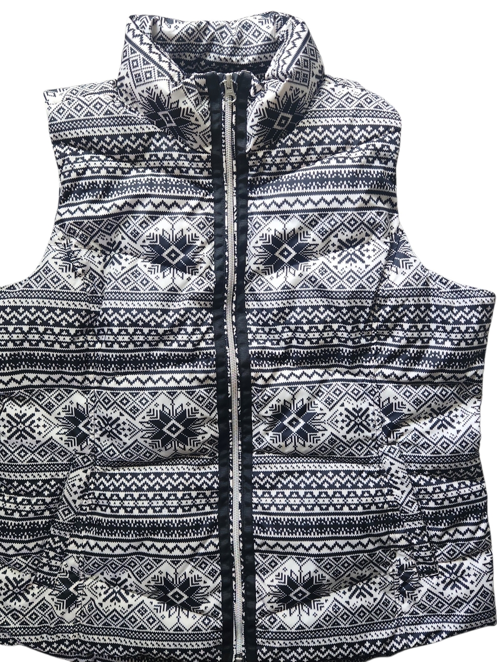 Lands' End Black and White Fair Isle Puffer Vest-Tall
